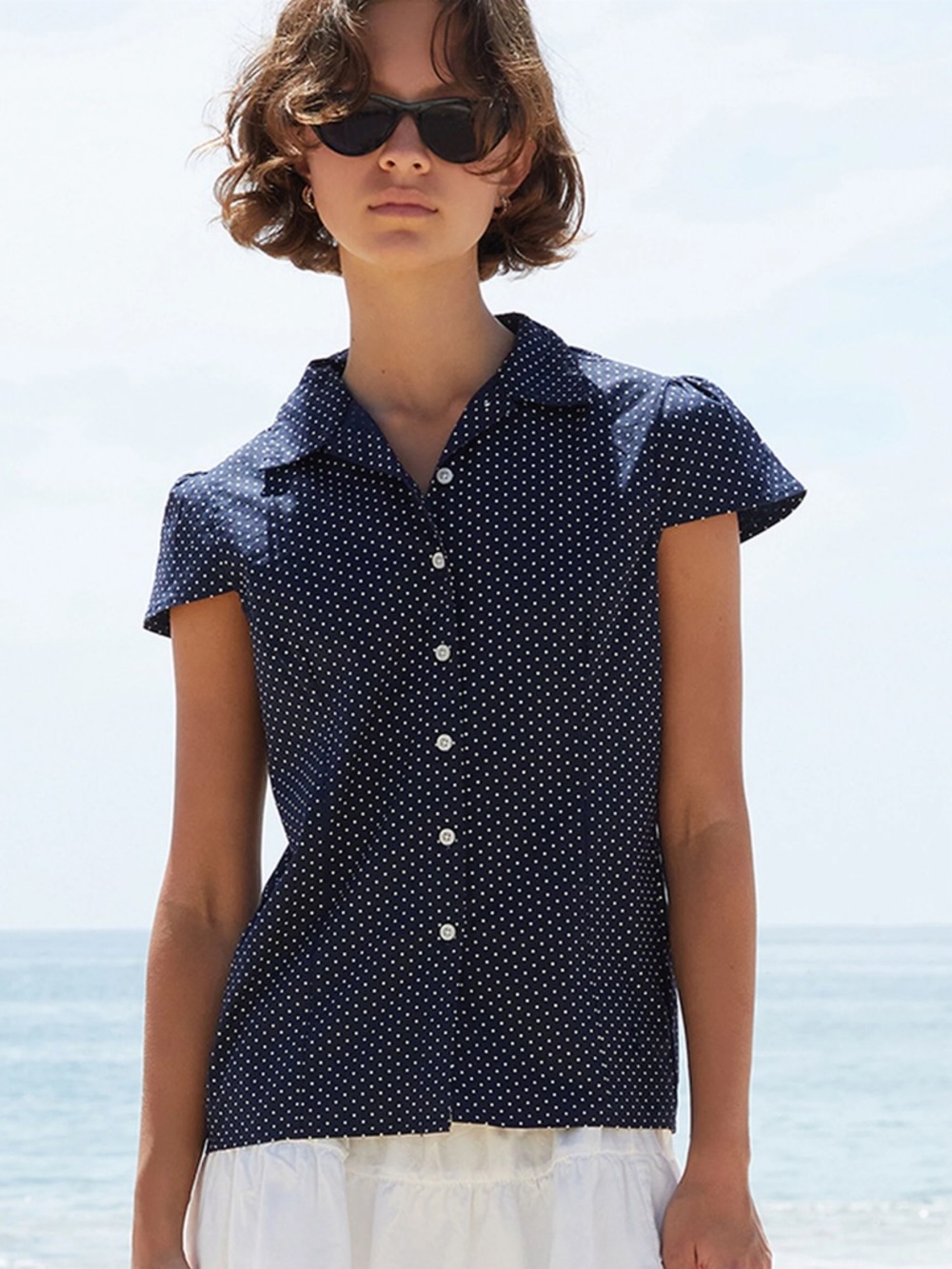 Brandy Melville Navy Polka Dot Short Sleeve Button-Up Top